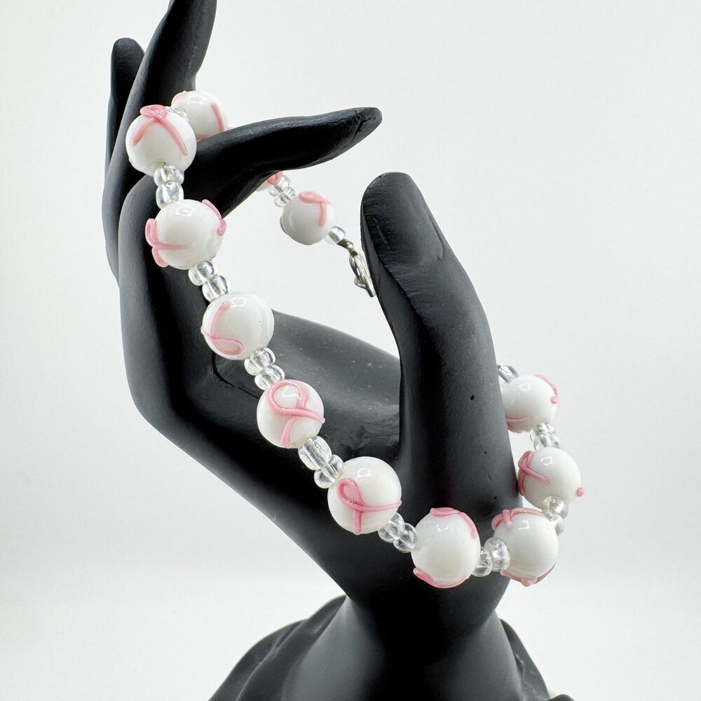 Handmade Glass Bead Bracelet Pink Ribbon Breast Cancer Awareness Retro Art
